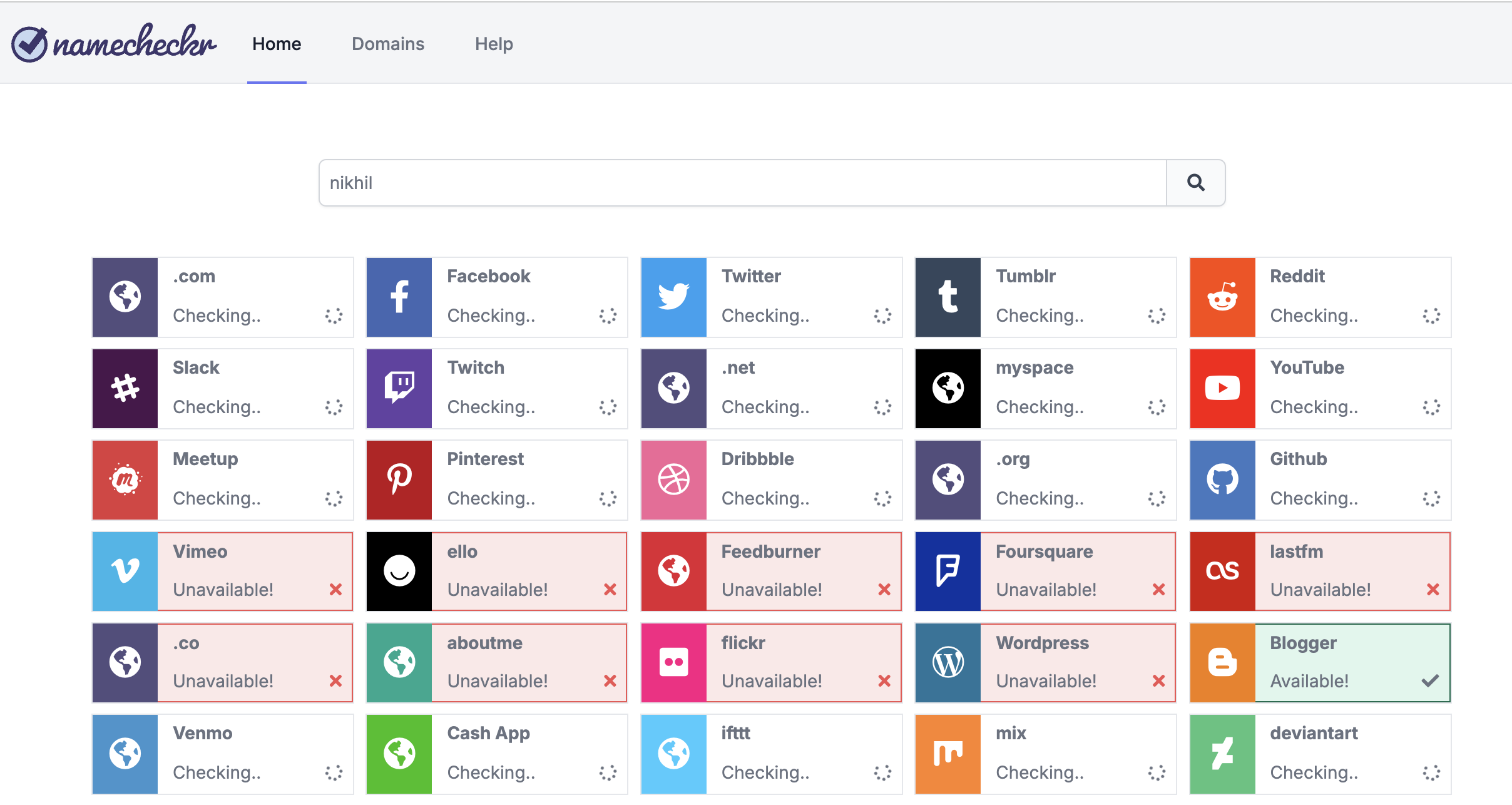 Screenshot of a website called Namecheckr which checks social media names