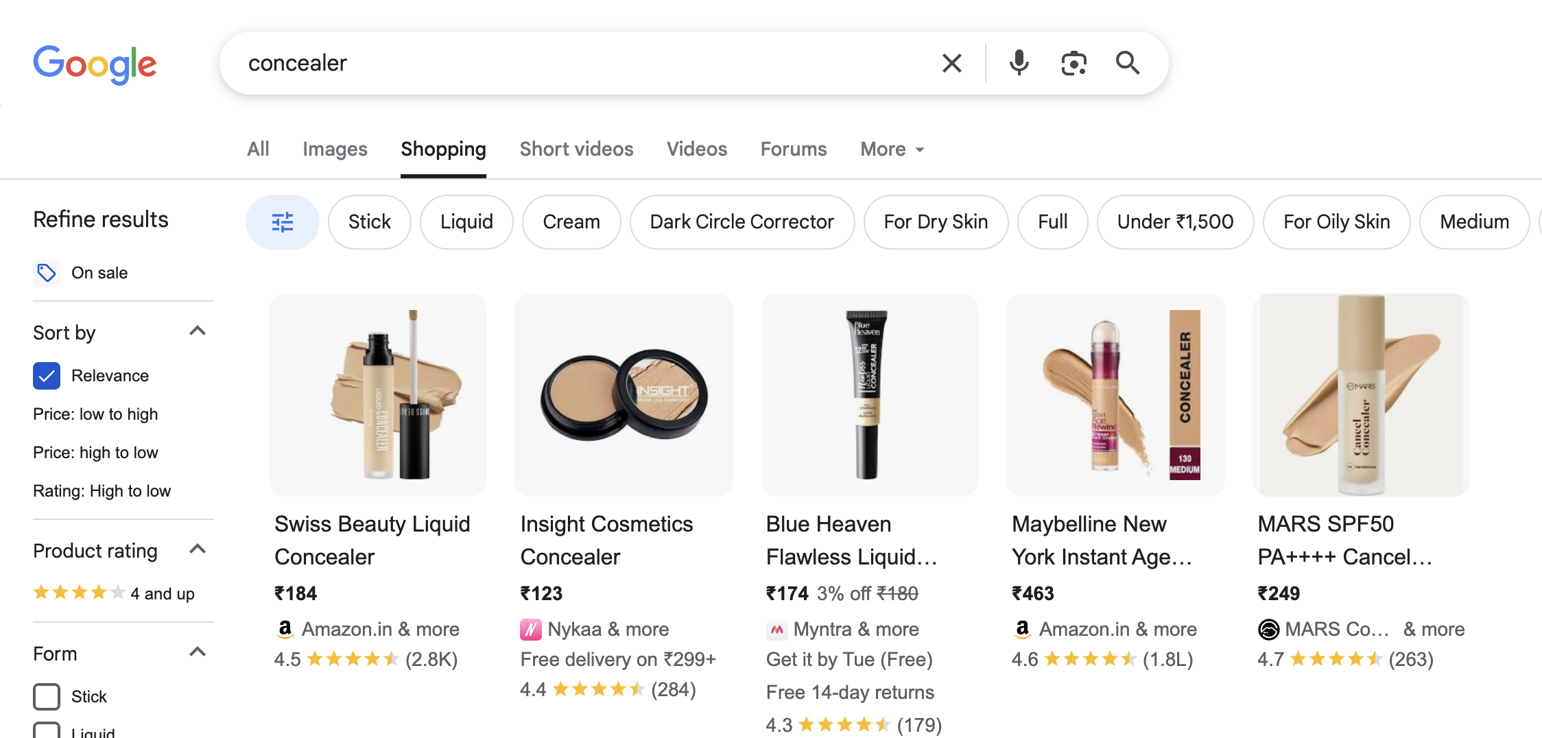 Google free listings showing product results in Google Shopping