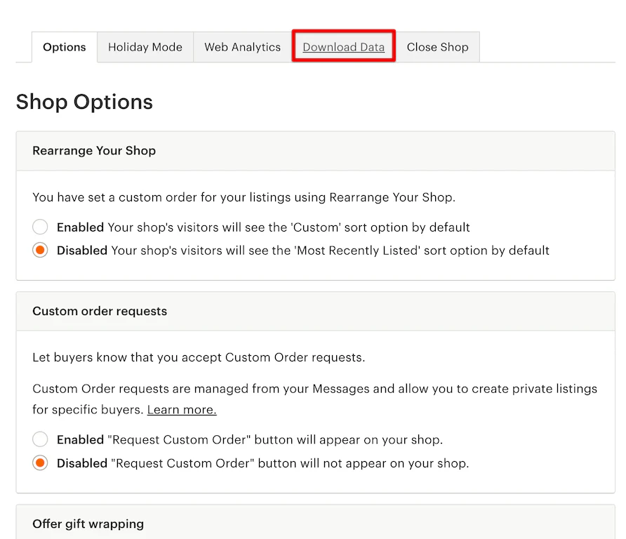 Image from Options in Etsy platform settings with the Download Data tab highlighted in a red box