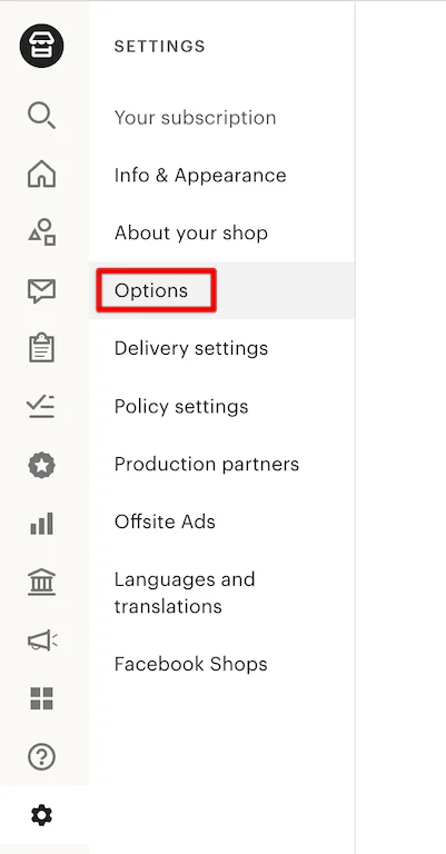 Settings navigation image from Etsy platform with Options highlighted in a red box.
