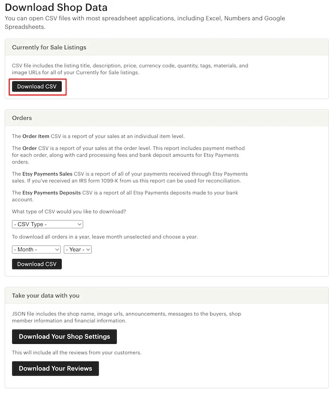 Image from the Download Shop Data page on Etsy platform with the Download CSV button highlighted in a red box
