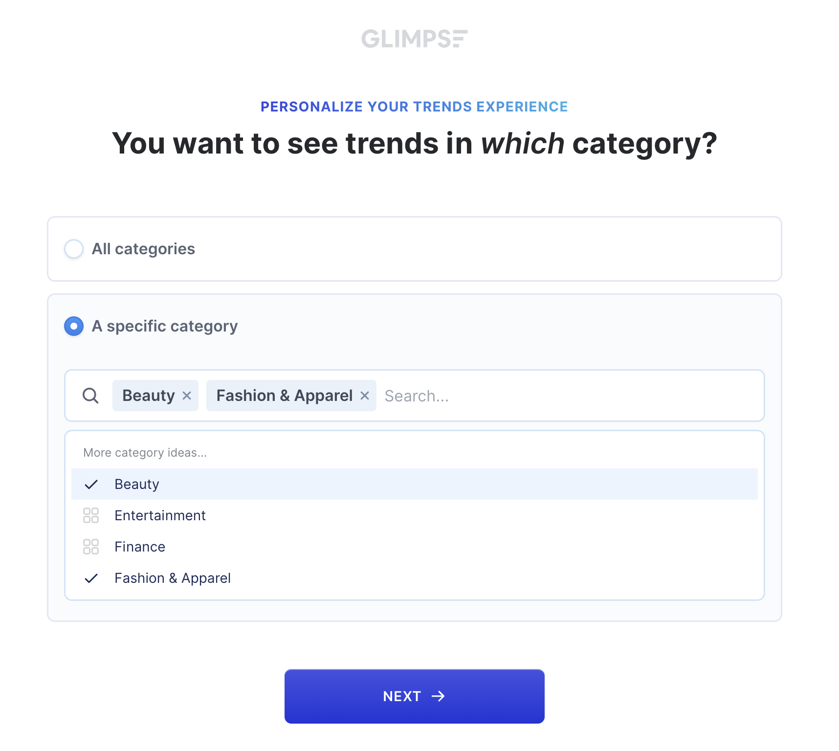 Screenshot of a service called Glimpse showing categories for product research