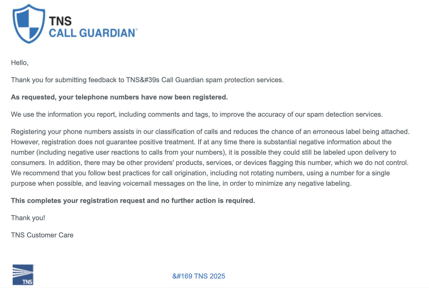 TNS Call Guardian email confirming the telephone numbers have been registered